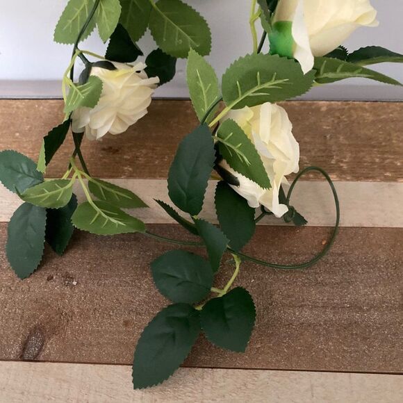 Cream Ivory Off White Rose Garland 7' Long Green Leaf Foliage Faux Flowers - Picture 4 of 8